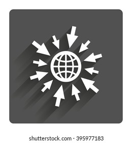 Go to Web icon. Globe with mouse cursor sign. Internet access symbol. Gray flat square button with shadow. Modern UI website navigation.