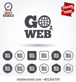 Go to Web icon. Globe sign. Internet access symbol. Circle and square buttons. Star labels and award medal. Thank you ribbon.