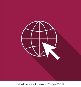 Go To Web icon isolated with long shadow. Globe and cursor. Website pictogram. World wide web symbol. Internet symbol for your web site design, logo, app, UI. Flat design. Vector Illustration
