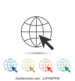 Go To Web icon isolated on white background. Globe and cursor. Website pictogram. World wide web symbol. Set elements in colored icons. Flat design. Vector Illustration