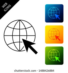 Go To Web icon isolated on white background. Globe and cursor. Website pictogram. World wide web symbol. Set icons colorful square buttons. Vector Illustration