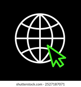 Ir al Web, visite nuestro Sitio web, globo del mundo con el icono del Vector del símbolo del cursor de la flecha en el diseño del estilo de la línea para el Sitio web, App, UI, aislado en fondo negro. Trazo editable. Ilustración vectorial EPS 10.