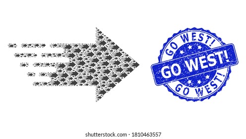 Go West! rubber round stamp and vector fractal collage right arrow. Blue stamp contains Go West! text inside round shape. Vector collage is made of scattered right arrow items.