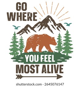 Go Where You Most Alive - Camping T-shirt Vector, Outdoor Quotes For Campers, Trending Outdoorsy Nature Adventure Design Sublimation