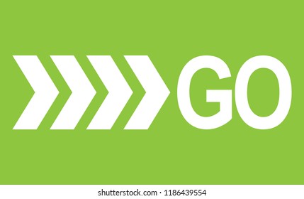 GO white word text and four direction arrows pointing right ahead on green background as motivational message banner. Vector illustration.