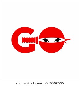 Go word design with illustration of Ninja warrior and samurai sword on letter O.