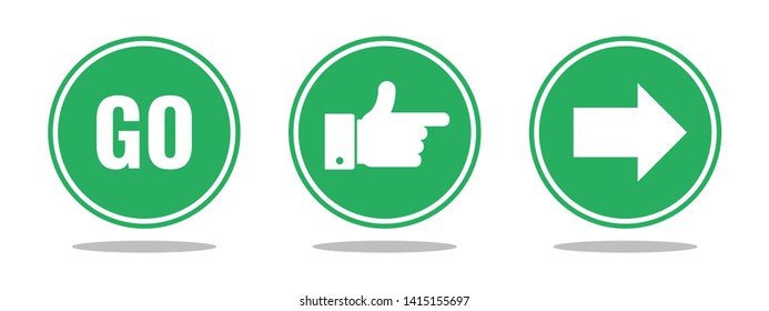 go word, human hand and arrow - green round road signs set