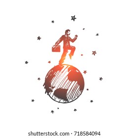 Go to work concept. Hand drawn handsome man going to work. Businessman with a briefcase isolated vector illustration.