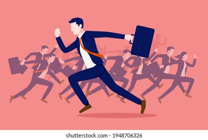Go you own way in business - Businessman running in opposite direction than the flock. Taking a different approach concept. Vector illustration.