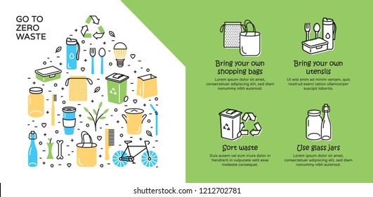 Go To Zero Waste background template. Vector illustration icon set poster with place for text. No Plastic and Go Green concept. Color design banner template of  Refuse Reduce Reuse Recycle Rot 