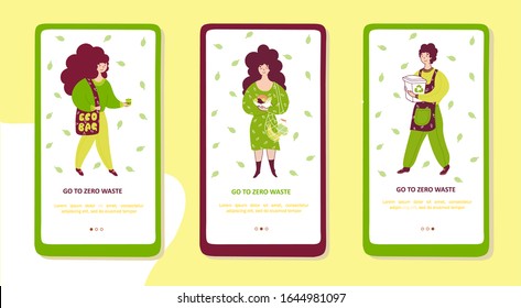 Go zero waste onboarding mobile app screen vector templates set