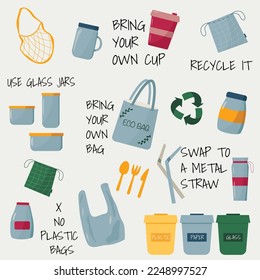 Ir a basura cero con reciclar y productos reutilizables con citas con letras. Salvemos el planeta. No hay plástico.  Vector plano