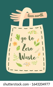 Go to zero waste text on eco bag on hand Ecological zero waste concept Cute hand drawn recycling element Vector