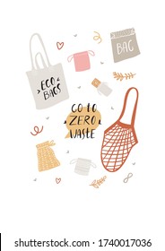 Vaya a Desperdicios Cero. Desperdicios de vida cero en el vector. bolsas ecológicas duraderas y reutilizables. Estilo ecológico. Sin plástico. Ilustración para un diseño de arte mural, afiche, tarjeta, impresión.
