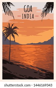 Goa beach retro poster. Goa travel illustration. States of India greeting card. 