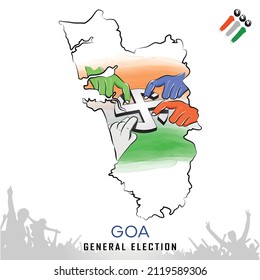 Goa General Election Voting with voting hands, Goa Map, Crowd People Hand with Indian tricolor - Vector illustration Drawing