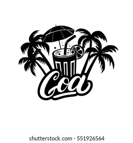 Goa hand written lettering with palms and cocktails. India vector illustration. Isolated on white background.