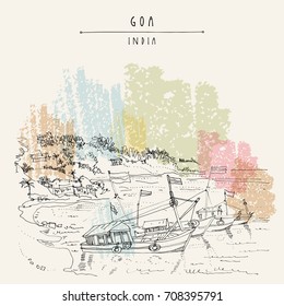 Goa, India. Fishing boats with flags in harbor in Arabian sea. Travel sketch. Vintage hand drawn postcard in vector