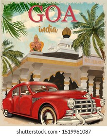 Goa, India vector  poster with retro car.