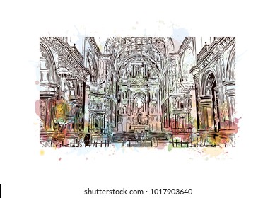 Goa, India. Watercolor splash with hand drawn sketch illustration in vector.