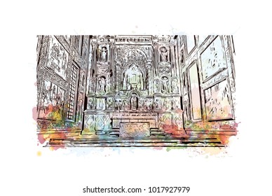 Goa, India. Watercolor splash with hand drawn sketch illustration in vector.