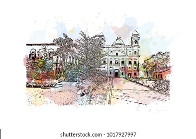 Goa, India. Watercolor splash with hand drawn sketch illustration in vector.