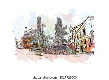 Goa, India. Watercolor splash with hand drawn sketch illustration in vector.