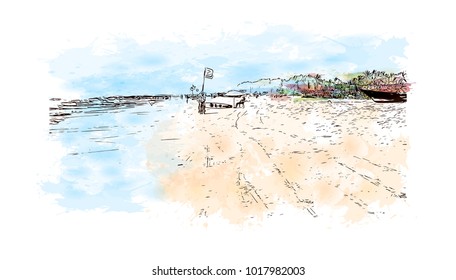 Goa, India. Watercolor splash with hand drawn sketch illustration in vector.