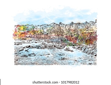 Goa, India. Watercolor splash with hand drawn sketch illustration in vector.