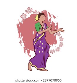 Goa state India Deknni ethnic indian woman girl dance traditional sketch isolated decorative 