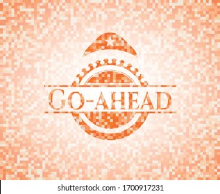 Go-ahead orange tile background illustration. Square geometric mosaic seamless pattern with emblem inside.