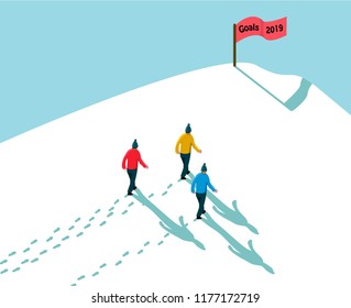 goal 2019 concept achieving reach the target, three men walking in snow up to hill, footsteps and shadows with red flag sign text goals 2019