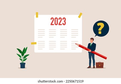 Goal for 2023. New Year business planning. Businessman holding a pencil for writing a business plan. Flat vector illustration.