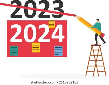 Goal for 2024. Holding a pencil for writing a business plan. Flat vector illustration.

