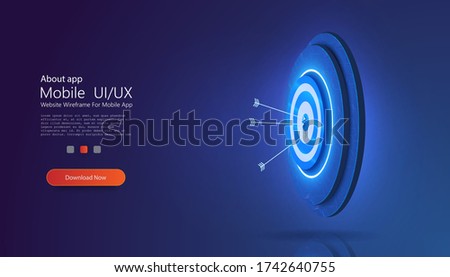 Goal achieve concept. Business target isometric concept vector illustration. Board with arrow flying to center. Symbolic goals achievement, success.  Blue webpage background. Vector illustration