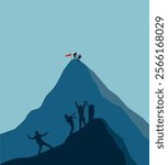 Goal achieved. Climbers summit a mountain as climbers below celebrate their achievement. This is a 3-d illustration about personal achievement.   