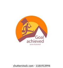 Goal achieved icon. Businessman with a flag runs to the top of the mountain. Achieving a high result. Peak of success. Vector illustration flat design. Isolated on white background. Business logo.