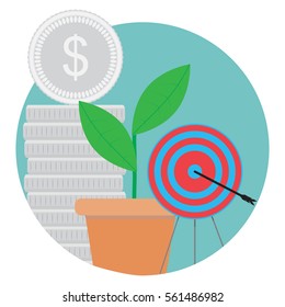 Goal achieved, success icon. Stack coin and green sprout, bulls eye, vector illustration