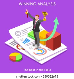 Goal Achieved. Winning Businessman. Collection Element of People Isometric Realistic Poses Set palette 3D Flat Vector Illustration Exulting Business man over a Statistic Report. Statistic Leader.