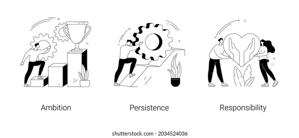 Goal achievement abstract concept vector illustration set. Ambition, persistence and responsibility, making fast career, self-confident, motivation and determination, success abstract metaphor.