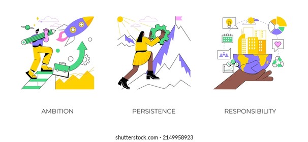 Goal achievement abstract concept vector illustration set. Ambition, persistence and responsibility, making fast career, self-confident, motivation and determination, success abstract metaphor.