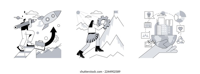 Goal achievement abstract concept vector illustration set. Ambition, persistence and responsibility, making fast career, self-confident, motivation and determination, success abstract metaphor.