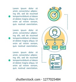 Goal achievement article page vector template. HR management. Staff recruitment. Brochure, magazine, booklet design with icons and text boxes. Professional skills. Getting job. Concept with text space