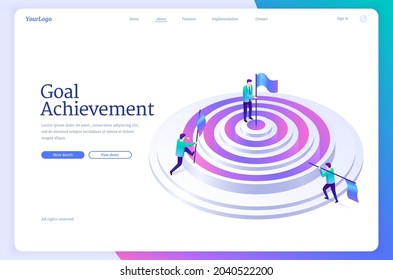 Goal achievement banner. Concept of work strategy for achieve objectives and purpose performance. Vector landing page with isometric illustration of people with flags on circle target