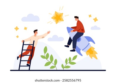 Goal achievement in business competition, success in career and leadership opportunity. Tiny people people fly on rocket, climb up ladder to reach target star in sky cartoon vector illustration