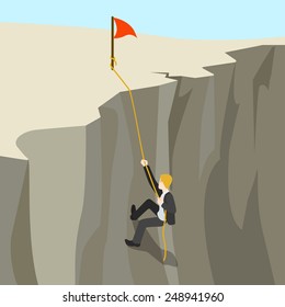 Goal achievement business concept flat 3d web isometric infographic vector. Businessman climbs on rope from abyss to the top new horizon. Creative people collection.