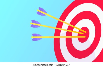 Goal achievement business concept sport target icon and arrows in the bullseye. Teamwork results icon sign vector banner illustration isolated on light blue background flat style design.
