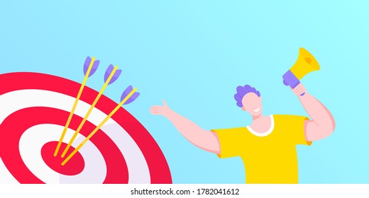 Goal achievement business concept sport target icon and arrows in the bullseye. Tiny person with megaphone vector banner illustration isolated on light blue background flat style design.