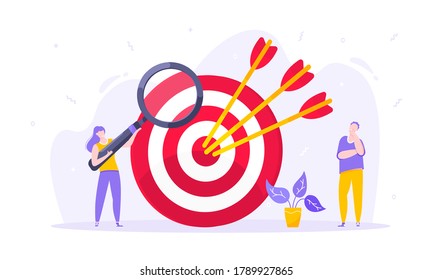 Goal achievement business concept sport target icon and arrows in the bullseye. Tiny persons with megaphone and magnifying glass vector illustration isolated on white background flat style design.