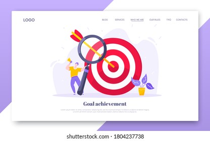 Goal achievement business concept sport target icon and arrow in the bullseye. Tiny person with megaphone vector web landing page template flat style design illustration.
